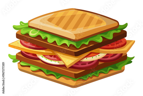 Delicious layered club sandwich vector illustration featuring fresh ingredients like lettuce, tomato, and cheese, perfect for food designs and menus.