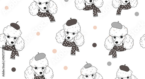 Whimsical seamless pattern of chic white poodle dogs wearing stylish French berets and polka dot scarves with neutral dots.