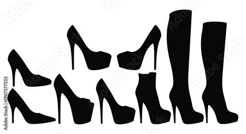 Variety of high heel and boot footwear designs black silhouette