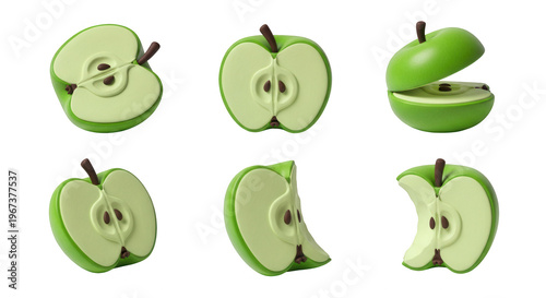 assorted 3d green apples sliced and whole apples in various orientations on a clean white background illustrations