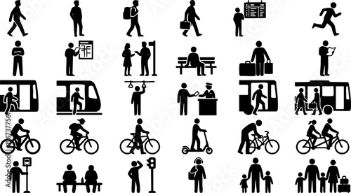 Public transport and urban mobility silhouettes set, people commuting cycling bus train vector icons collection