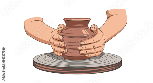 Human hands carefully shaping a wet clay vase on a spinning pottery wheel in a traditional craft studio setting.