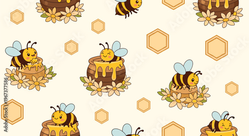 Adorable seamless pattern of busy bumblebees on honey pots surrounded by daisies and golden hexagonal honeycomb shapes.
