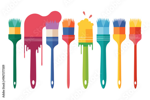 A vibrant vector illustration displaying a diverse collection of colorful paint brushes with dripping paint, symbolizing artistic creativity and design inspiration.