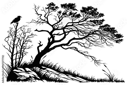 A stark black and white vector illustration depicting a lone crow perched upon a leafless tree in a minimalist natural landscape design.