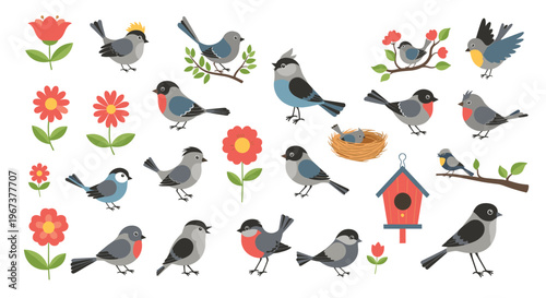 Diverse set of small garden birds in various poses alongside colorful flowers and a birdhouse on a white background.