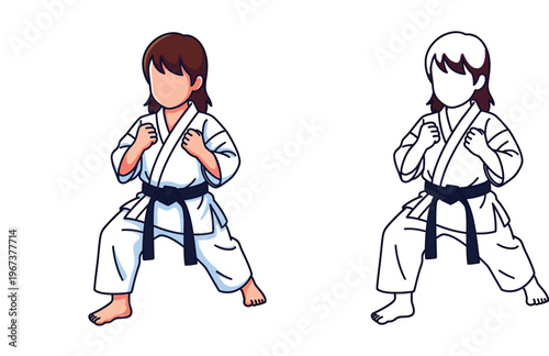Cute faceless kid girl practicing martial arts karate in white gi and black belt, color and outline line art vector illustration for coloring book
