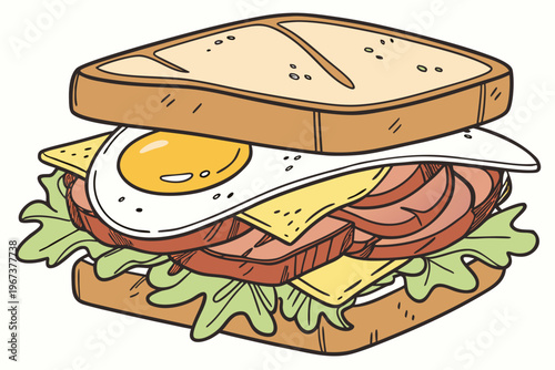 Vibrant vector illustration of a hearty breakfast sandwich, layered with toasted bread, a fried egg, ham, cheese, and fresh green lettuce.