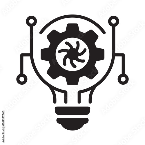 A stylized black and white illustration of a lightbulb with internal gears