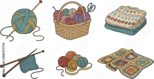 Vector hand drawn illustration set of knitting and crochet elements including yarn balls wicker basket sweater and needles.