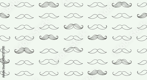 Fun seamless pattern of various mustache styles including handlebar and walrus designs on a light mint green background.