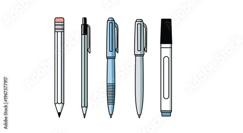 Various writing instruments including a graphite pencil, mechanical pen, and a black marker in a neat vertical row.