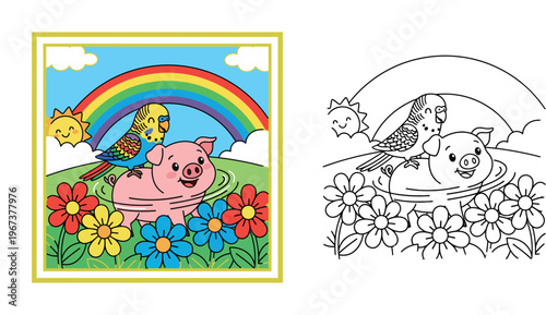 Cheerful illustration of a cute pig and a colorful parakeet in a vibrant flower field under a rainbow