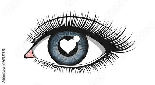 Detailed illustration of a blue human eye with long lashes and a white heart reflecting in the dark central pupil.