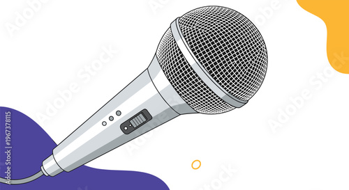 Professional dynamic microphone illustration in silver and black colors against a background with abstract shapes.