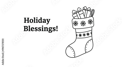 Festive black and white line drawing of a christmas stocking filled with gift boxes and holiday blessings text.