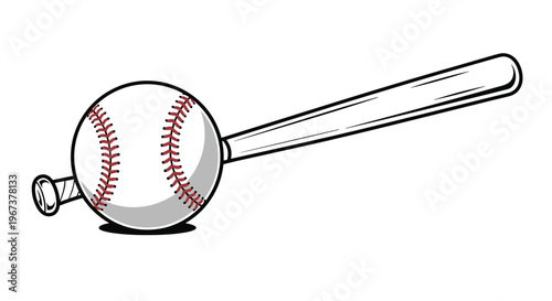 Classic sports illustration featuring a white baseball with red stitching and a long wooden baseball bat behind it.