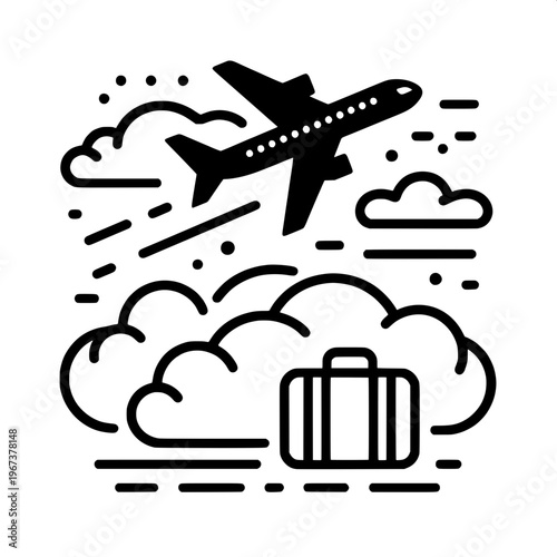airplane flying over luggage and clouds minimalist travel concept illustration
