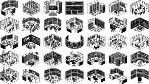 Global Network Operations Center Infrastructure, Isometric Workspace for IT Support and Cyber Security, Digital Transformation and Cloud Computing Icons.