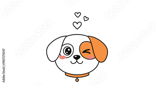 Cute cartoon puppy face with an orange patch over one eye winking and blowing hearts on a clean white background with a collar.