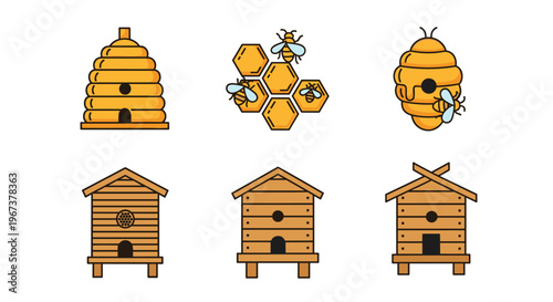 Collection of various beehive and honeycomb icons including traditional wooden hives and hanging straw nests with small flying bees around.