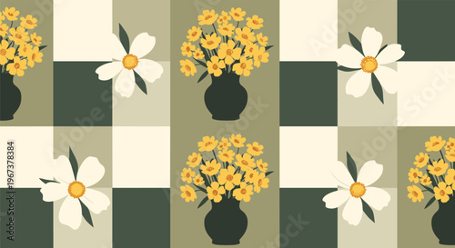 Decorative checkerboard pattern with green and white squares alternating with yellow flowers in black vases and large white daisy blossoms.