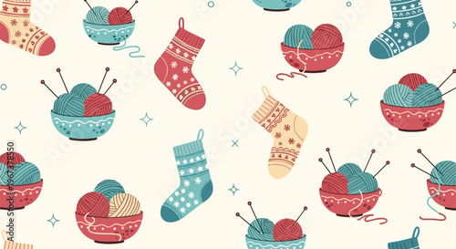 Cozy seamless pattern featuring bowls of yarn balls with knitting needles and colorful patterned Christmas stockings on a cream background.