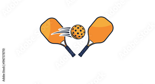 Sports illustration featuring two orange pickleball paddles and a yellow perforated ball in motion against a plain white background.