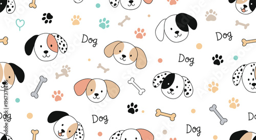 Fun seamless pattern featuring various cute dog faces with spots, paw prints, bones, hearts, and the word dog on a white background.