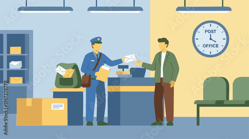 Postal worker handing mail to customer at post office counter
