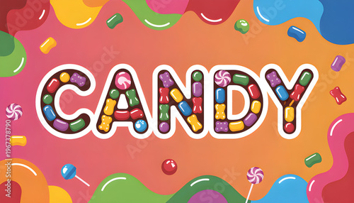 Bright colorful candies fill the large candy letters against a vibrant orange pink background surrounded by sweets and lollipops creating a cheerful and playful scene