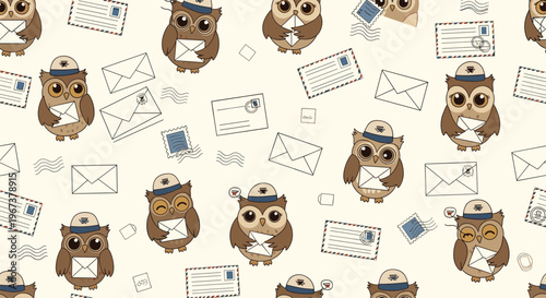 Adorable seamless pattern with wise owl characters wearing postman hats and carrying letters or envelopes on a light cream background.