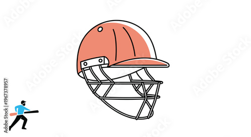 Sports illustration showing a large orange cricket helmet with a metal grill and a small figure of a batsman in the bottom corner.