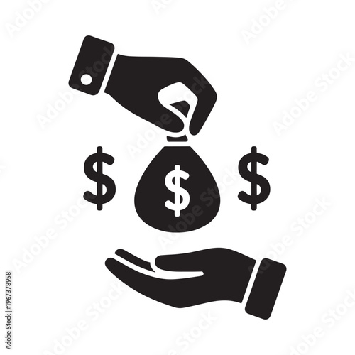 A hand pouring money into a bag held by another hand