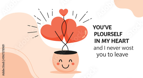 Romantic illustration of two large orange hearts growing from a smiling pot with text saying you are in my heart on a warm background.