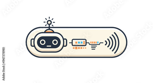 Modern chatbot icon featuring a cute robot head with an antenna inside a speech bubble connected to signal waves for artificial intelligence.