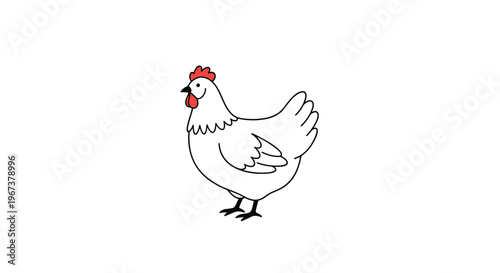 Simple and clean illustration of a white hen with a red comb and wattle standing and facing left isolated on a white background.