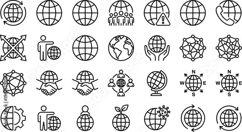 Global Network and World Icon Set with Globe Communication Connection International Business and Internet Symbols for Apps and UI Design