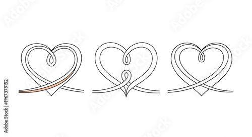 Set of three minimalist line art heart designs featuring flowing ribbon lines and a subtle peach accent on one of the heart shapes.