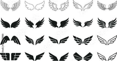 Wing Icon Set with Angel Bird Flying Wings in Outline and Solid Styles for Logo Design Tattoo Art Emblems and Creative Branding Graphics
