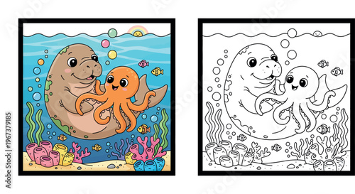 Cute Cartoon Manatee and Octopus Underwater with Coral and Fish