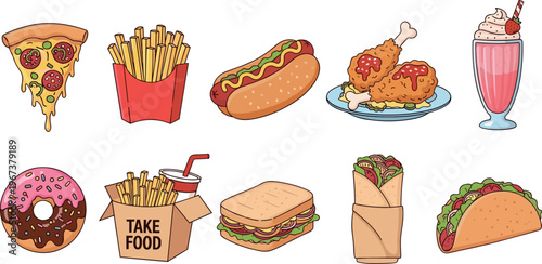 Fast food set vector illustration including pizza fries hotdog fried chicken milkshake donut sandwich wrap taco and takeaway box icons