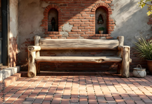 A rustic wooden bench made from natural logs sits on a red brick patio in front of an old brick wall showing weathered texture and unique handcrafted design elements