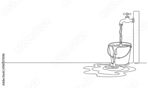 Continuous one line drawing of Water leaks out of a bucket filled with taps and puddles. National Hole In My Bucket Day. One line design vector illustration