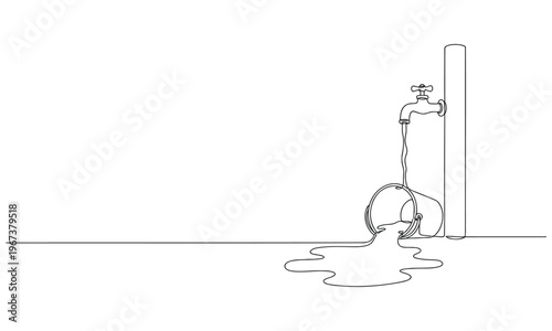 Continuous one line drawing of Water leaks out of a bucket filled with taps and puddles. National Hole In My Bucket Day. One line design vector illustration