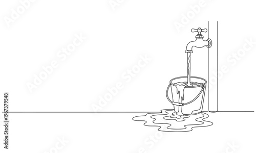 Continuous one line drawing of Water leaks out of a bucket filled with taps and puddles. National Hole In My Bucket Day. One line design vector illustration