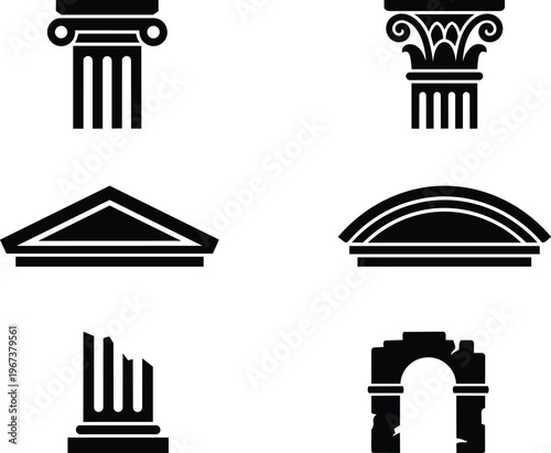 Set of classic architecture icons featuring roman columns and ancient stone ruins