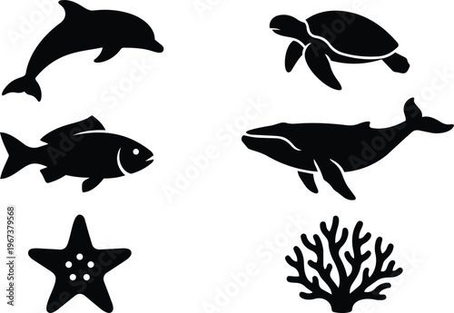 Underwater ecosystem silhouette icons featuring marine mammals and sea creatures
