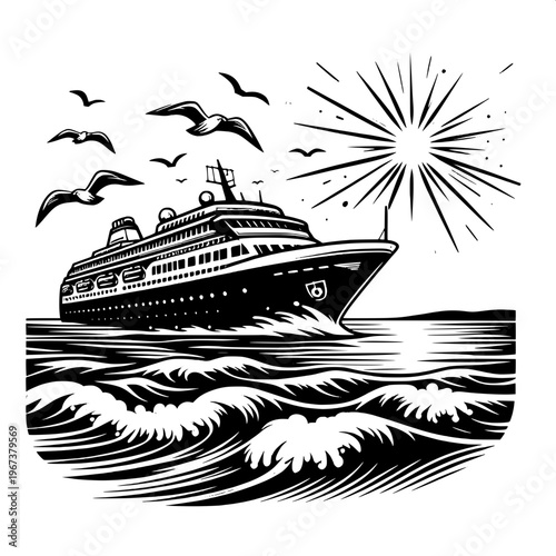 cruise ship sailing on ocean with seagulls and sunburst illustration