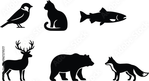 Silhouettes of diverse forest and woodland animals including deer and grizzly bear